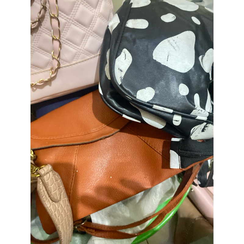 Tas Tangan Polkadot Hitam Putih dan Coklat Kulit