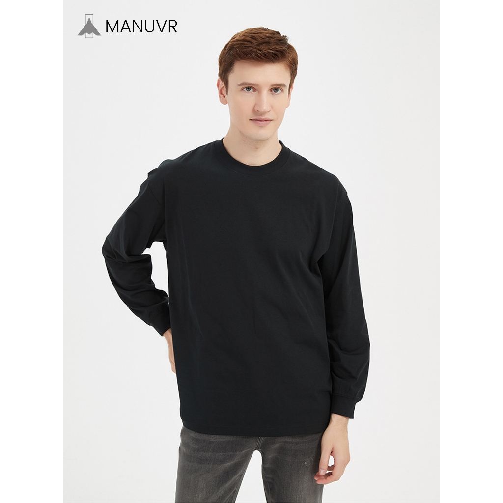 MANUVR - Kaos Polos Pria Rib Warna Hitam Lengan Panjang