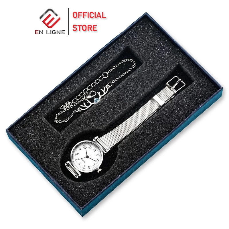 ENLIGNE - Jam Tangan  Fashion Wanita Set Gelang Bonus Box  - Jam Tangan Wanita Quartz Stainless Tali