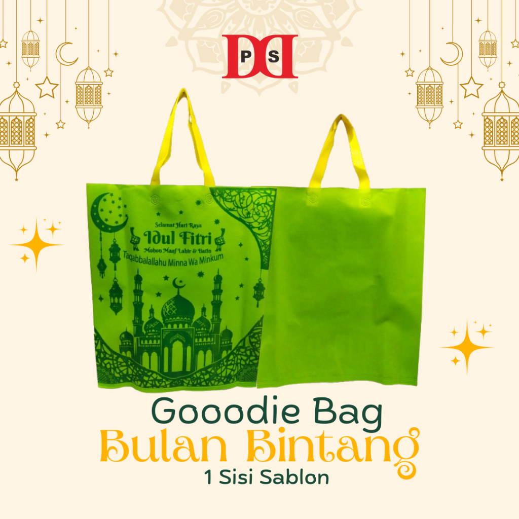 

Goodie Bag Lebaran Idul Fitri BULAN BINTANG uk 38x45x8 Sablon 1 SISI HARGA PERLUSIN (ISI 12PCS)