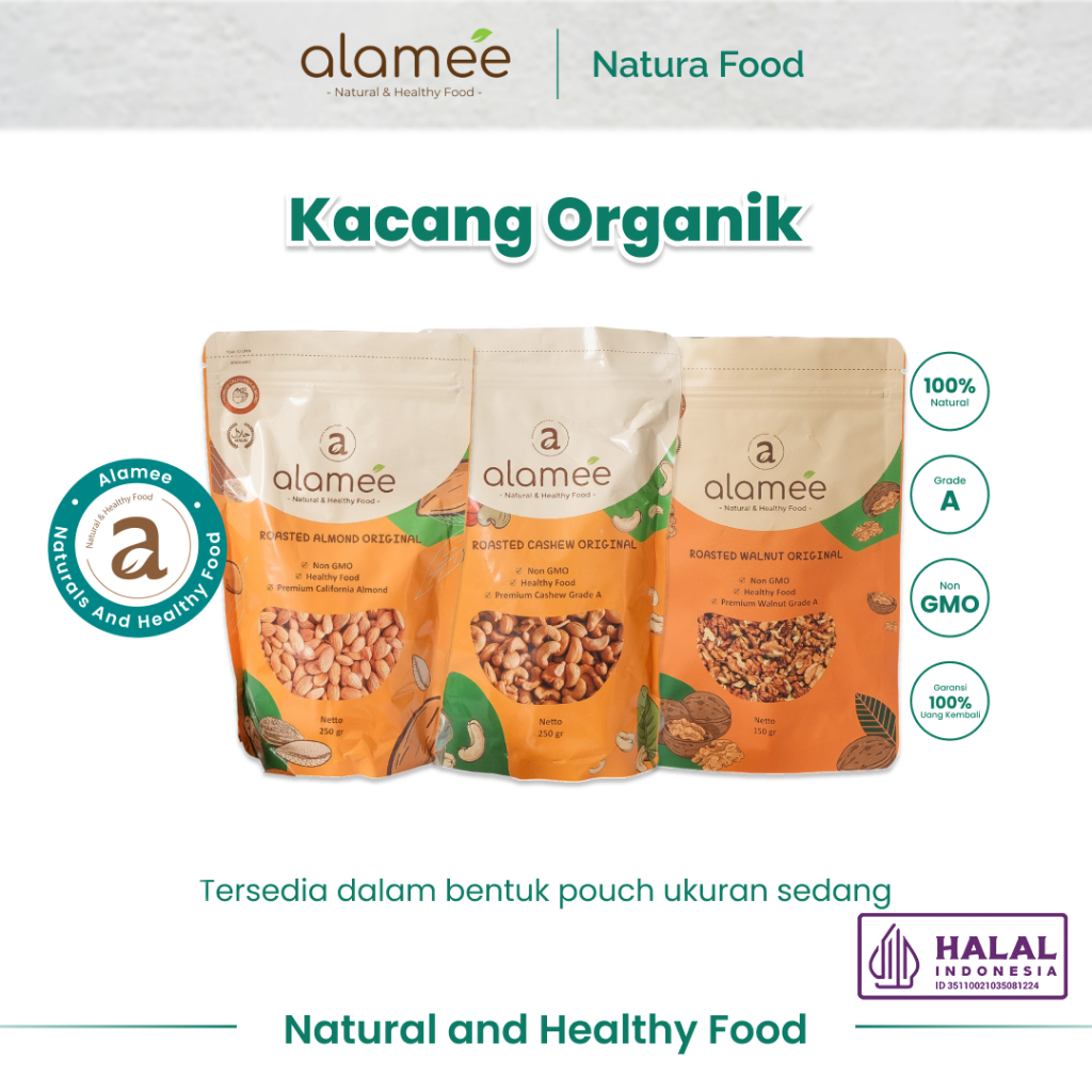 

alamee kacang panggang pouch sedang Premium Roasted Grade A California almond mede walnut