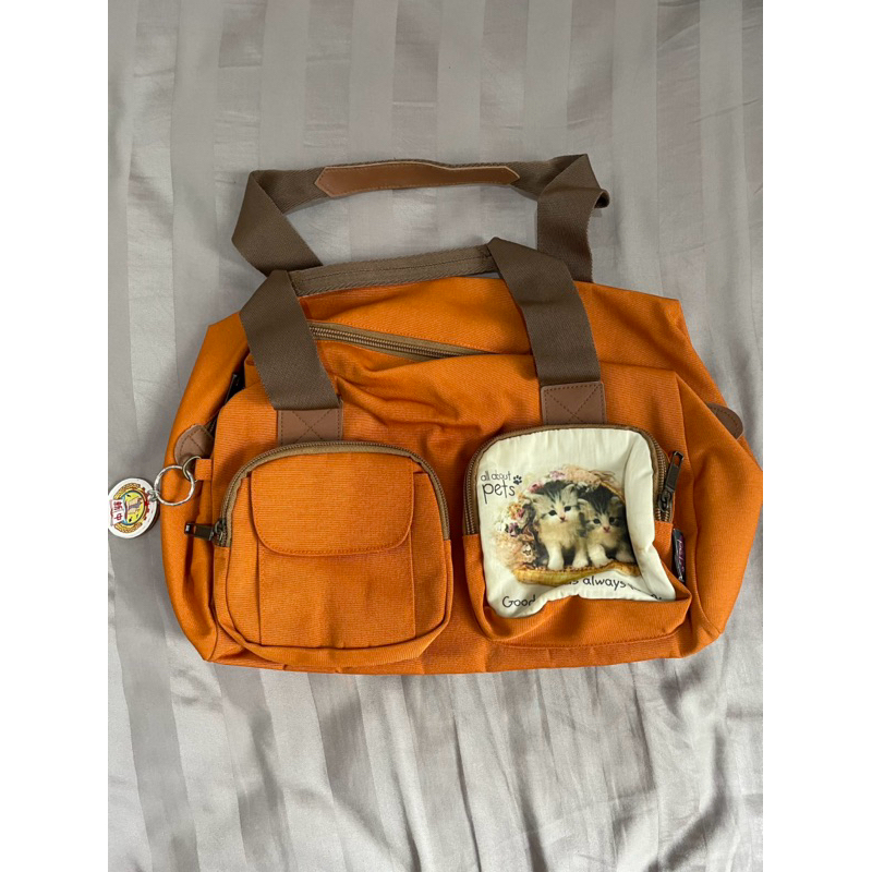 PRELOVED tas jinjing tote bag wanita orange gambar kucing