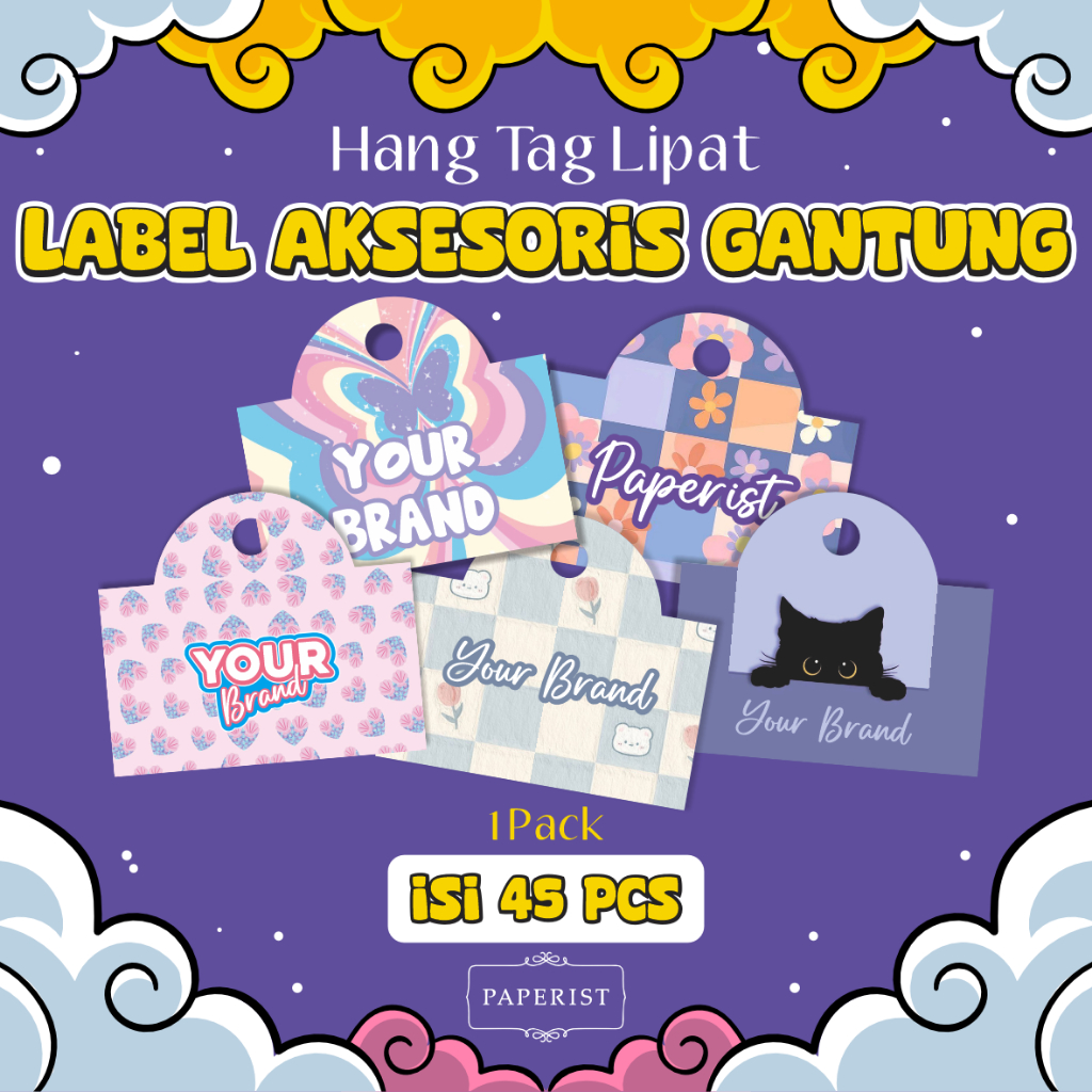 

Hang Tag Label Lipat / Hang Tag Isi 45 Pcs / Label Aksesoris / Topper Bag / Cutte Paper / Kertas Label Gantungan