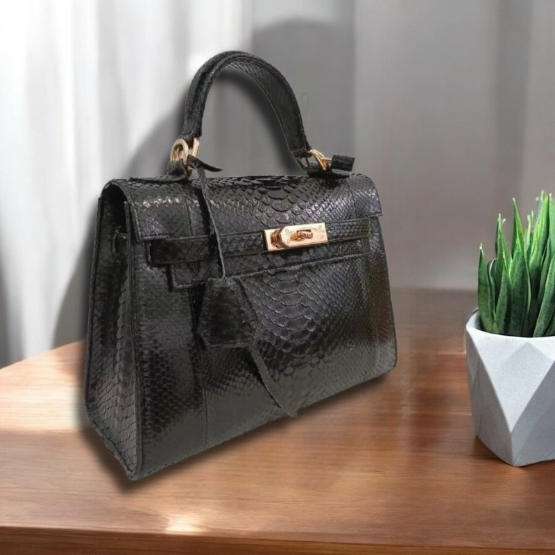 Tas Kulit Ular Piton Asli Wanita Paninta Kelly Phyton Bag Hitam Polos
