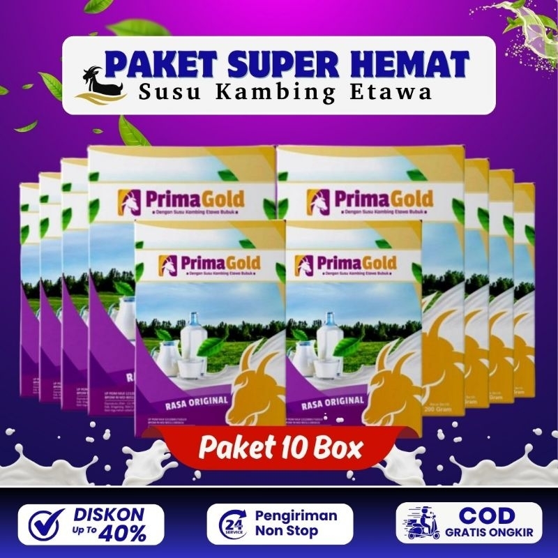 

PAKET 10 BOX PRIMAGOLD/ PRIMA GOLD SUSU KAMBING ETAWA BUBUK ORIGINAL MURAH ATASI SESAK NAFAS NYERI SENDI TULANG LUTUT PUNGGUNG REUMATIK