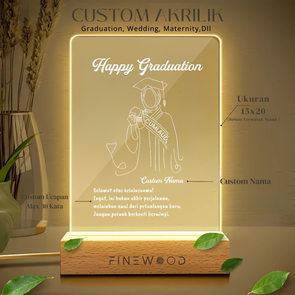 Finewood - Kado Wisuda / Kado Ulang Tahun / Akrilik Led / Akrilik Custom Grafir Laser