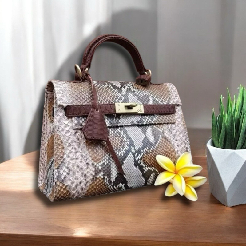 Tas Kulit Ular Piton Asli Wanita Paninta Kelly Phyton Bag Warna Natural Motif Asli Kulit