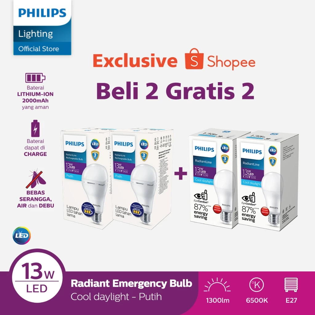 Beli 2 Philips Lampu Emergency 13W 6500k Putih Gratis 2 Lampu LED 13W 6500k Putih