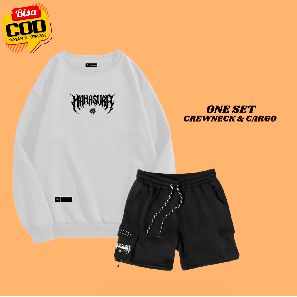 Crewneck Sweater Celana Cargo Pria Wanita Satu Stel Outfit Kekinian 2025 Warna Putih Sablon Mahasura