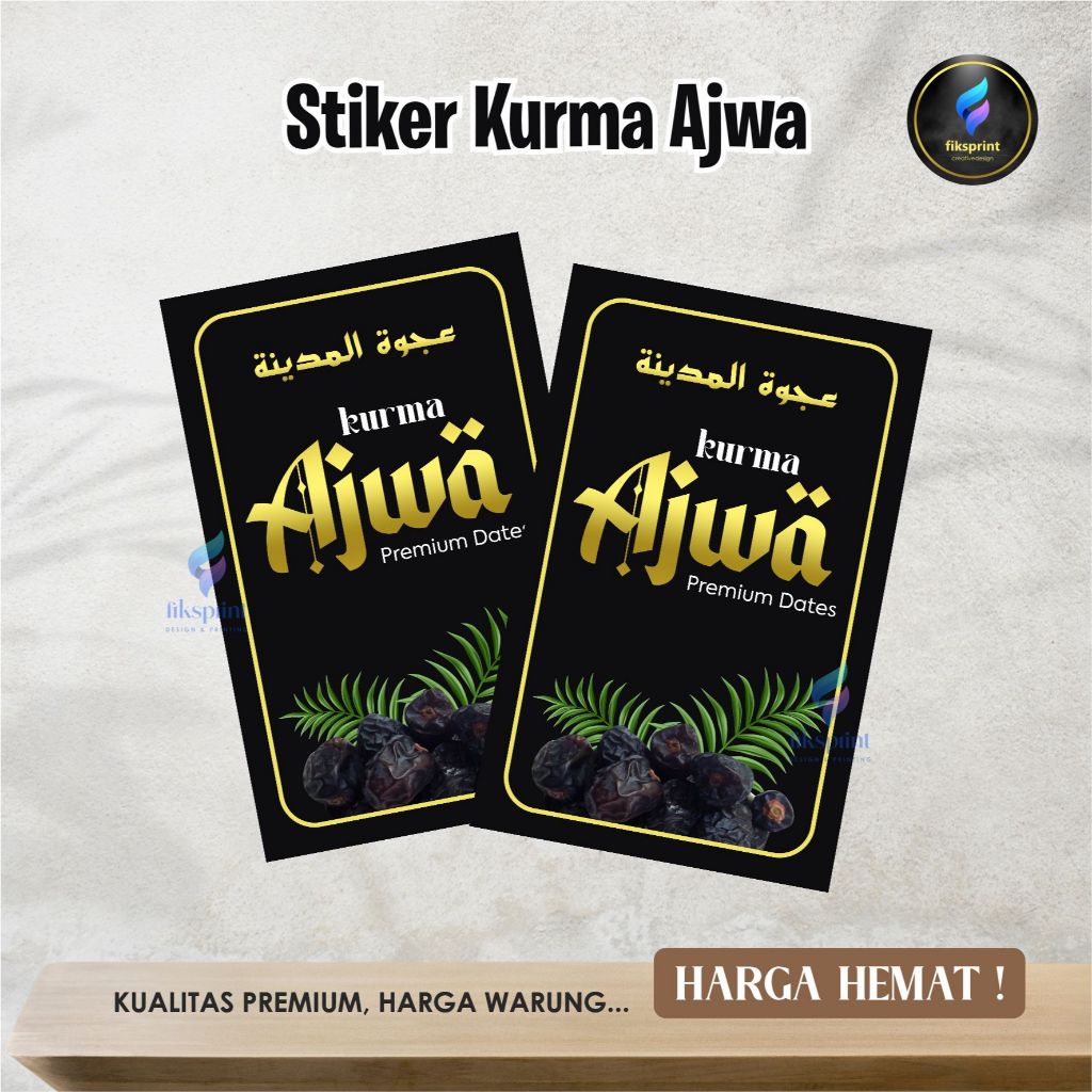 

Stiker Kurma Ajwa Madinah, Premium desain black gold | ukuran 9.4 x 6 cm