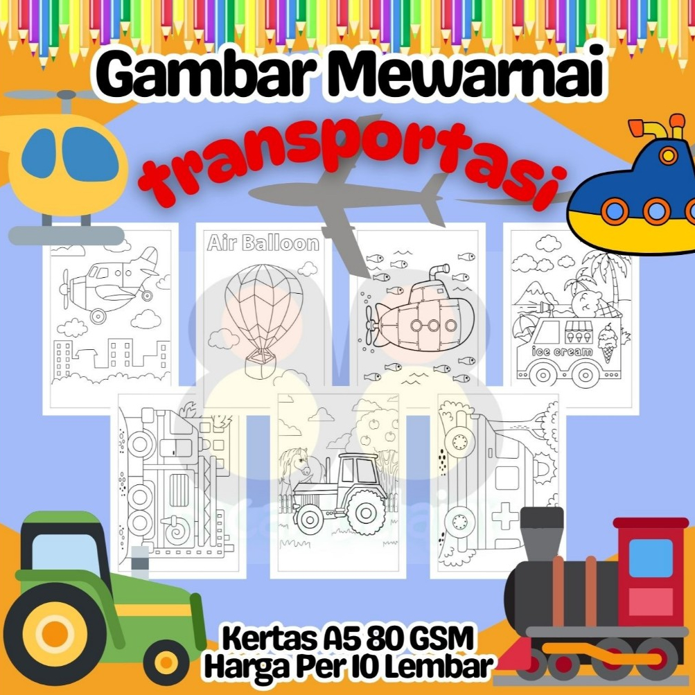 

10 Lembar Kertas A5 Gambar Mewarnai Tema TRANSPORTASI KENDARAAN Termurah - Anak Anak TK SD PAUD Remaja