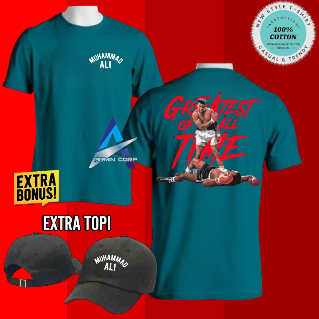 TSHIRT DISTRO PREMIUM GREATEST OF ALL TIME MUHAMMAD ALI DESIGN KECE CASUAL TRENDY BONUS TOPI