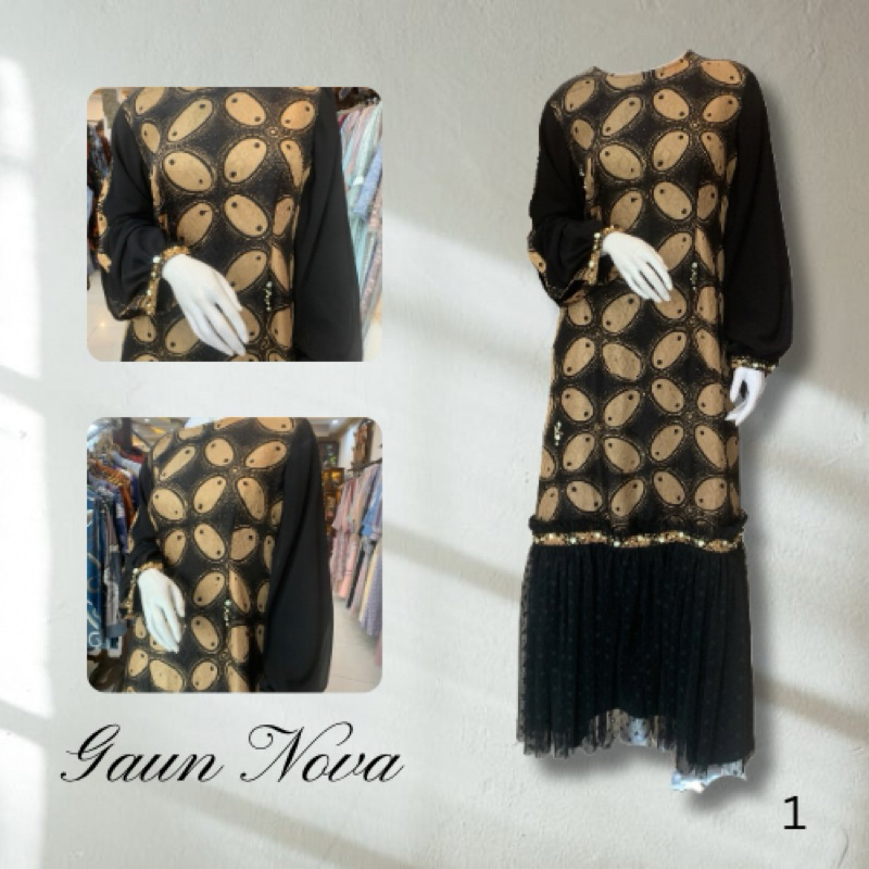 Gaun Nova Sogan | Gaun Batik Berpayet | Gaun Batik Elegant | Gaun Batik Pesta | Gaun Elegant