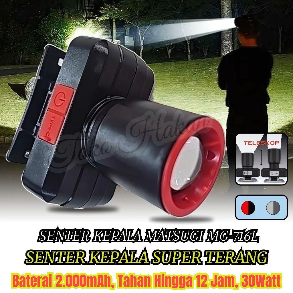 Senter Kepala Zoom 30w Matsugi Mg-716L - Senter Kepala 30w 30 Watt LED Super Terang Mg 716L Waterpro