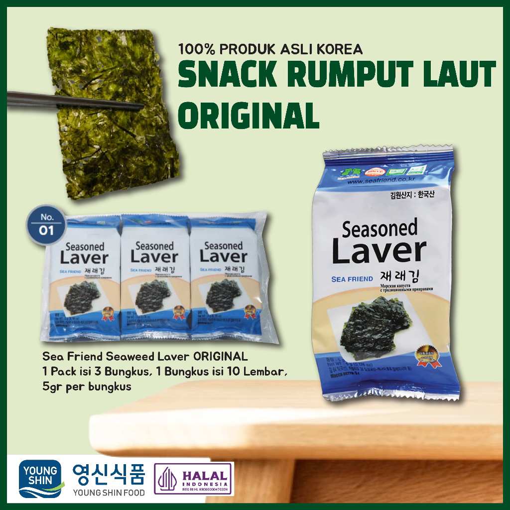 

Snack Nori Korea Halal original 1 Pack isi 3bks berat 5gr isi 10 Lembar/Pack (EXP date 30 Juli 2025)