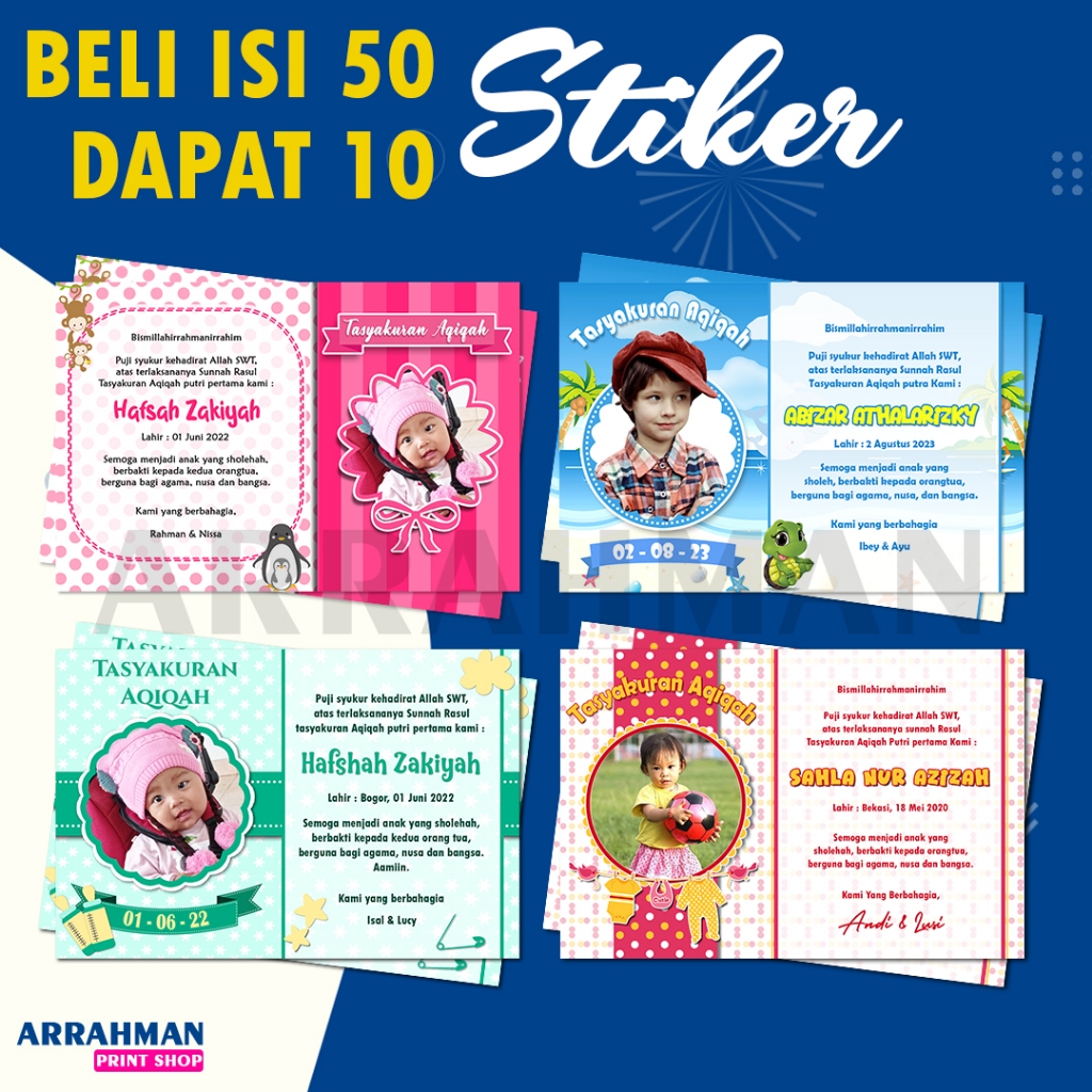 

Isi 100 Stiker Tasyakuran Aqiqah, kelahiran, Tedak siten, Selapanan Ukuran 12x8cm