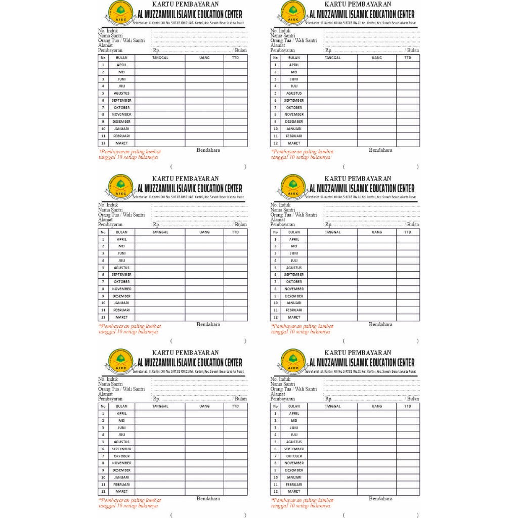

Kartu Iuran KAS/Infaq/Angsuran/Arisan/Custom F4
