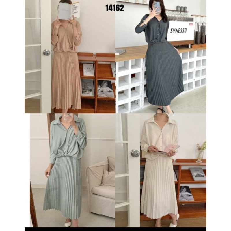 14162 lengan panjang stelan rok prisket import one set kemeja+rok import premium/set wanita