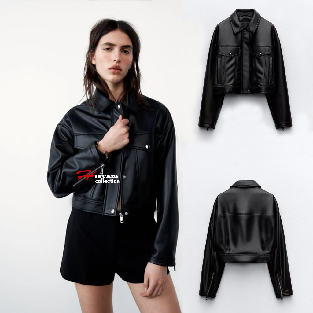 Jaket Crop wanita Kulit PU  Viena Warna Hitam Casual Premium crop