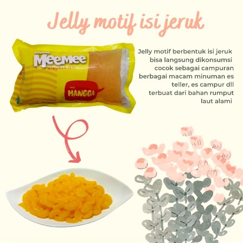 

Minuman Jelly kosena topping motif berbentuk isi jeruk warna kuning rasa Mangga 500gram