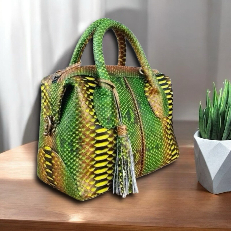 Tas Kulit Ular Piton Asli Wanita Tas Natalie Kulit Asli Original Motif Hijau Gradasi Kuning