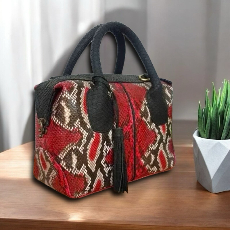 Tas Kulit Ular Piton Asli Wanita Tas Natalie Kulit Asli Original Motif Merah Hitam Natural