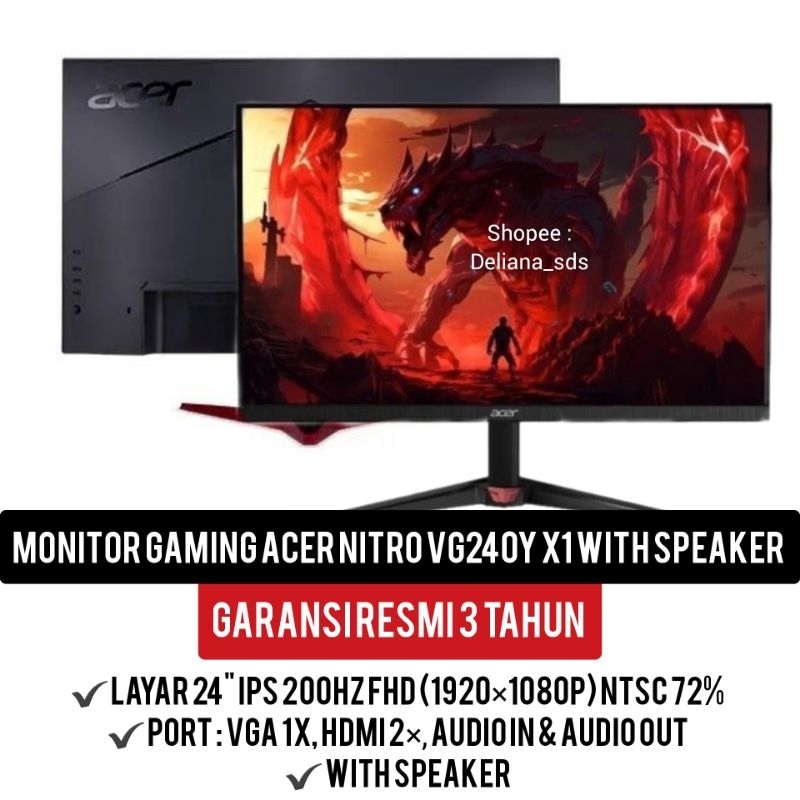 Monitor Gaming Acer Nitro VG240Y X1 24" IPS FHD 200Hz Speaker Garansi Resmi 3 Tahun Monitor Gaming A