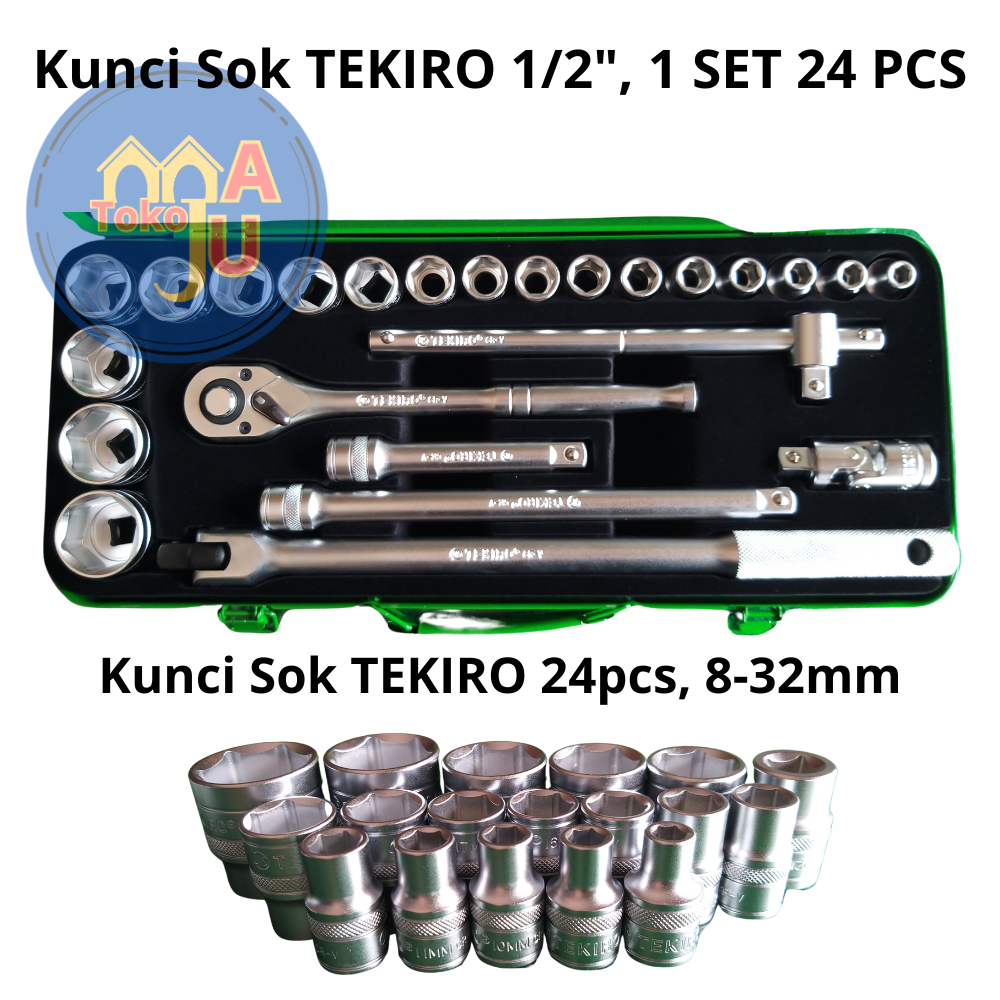 TEKIRO Hand Socket / Kunci Sok / Kunci Shock 1/2" DR SET 24 PCS - BOX BESI