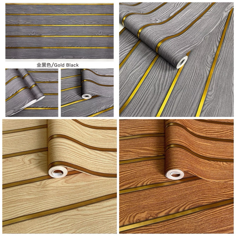 WALLPAPER DINDING MOTIF KAYU PANEL LIST GOLD 45 CM X 7-8 METER | WALLPAPER STIKER DINDING MOTIF PANE