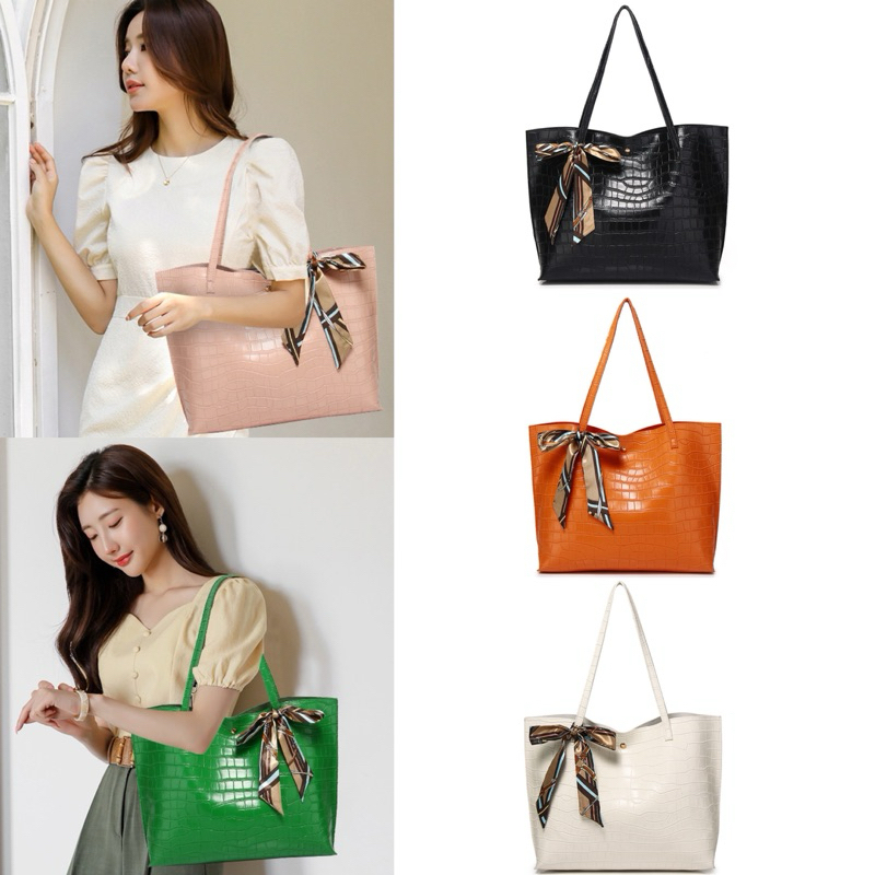 Tote Bag Crocodile Leather Tas Kulit Motif Buaya with Scarf Syal Ribbon Wanita