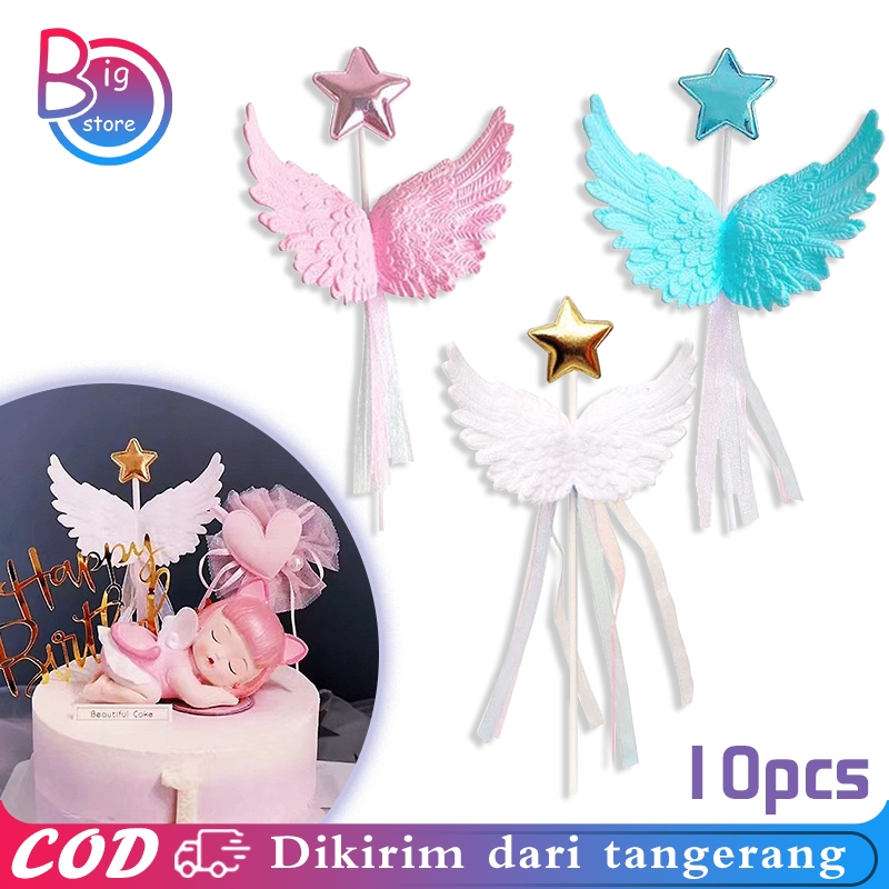 Isi 10pcs Cake Topper Sayap Malaikat Hiasan Kue Ulang Tahun Bintang Topper Kue Sayap Malaikat
