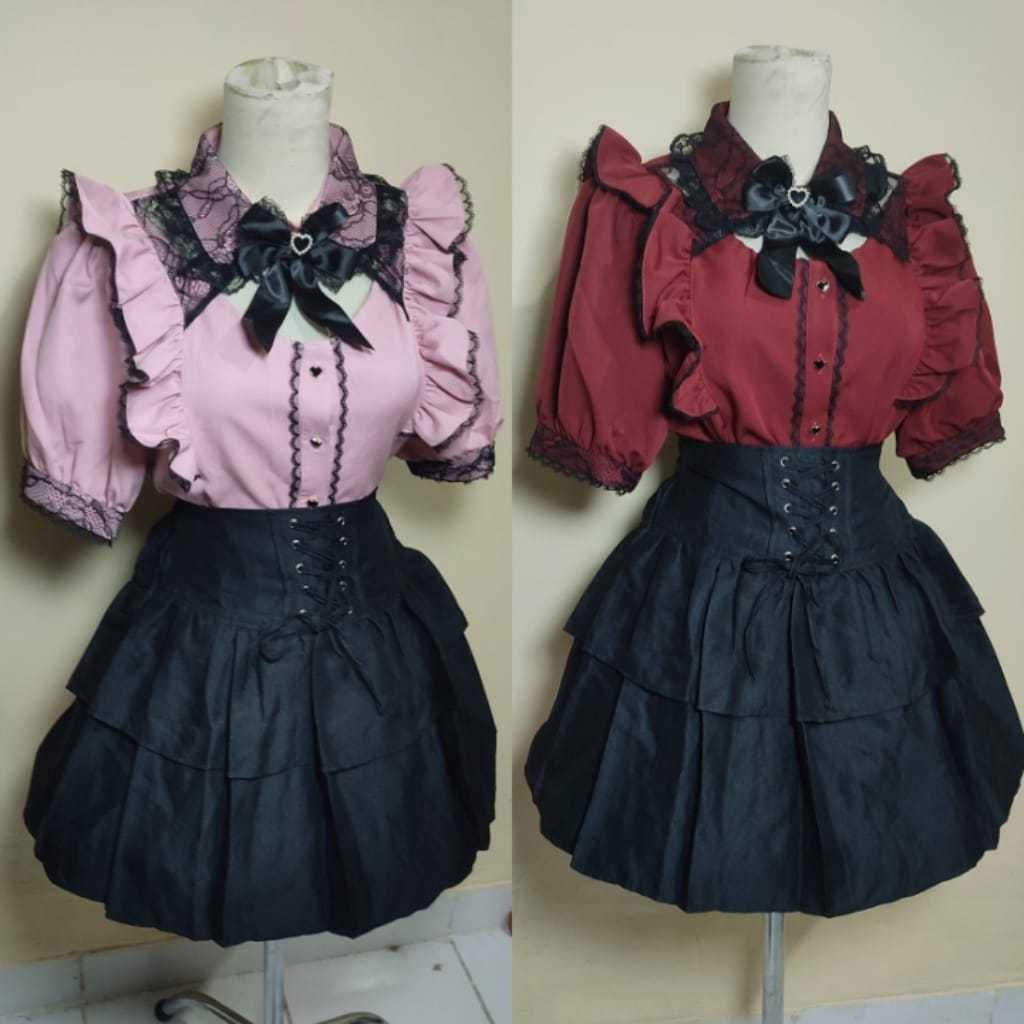 Kuropinqu JIRAI KEI OUTFIT STYLE JAPANESE BLUS SKIRT ROK JIRAIKEI RED BLACK MERAH HITAM PINK