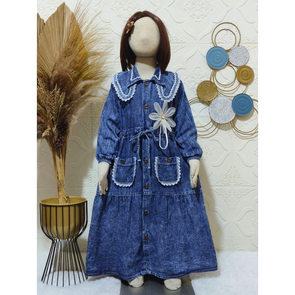 Gamis Dress Jeans Denim Anak gamis bahan jeans pita bunga berkerah