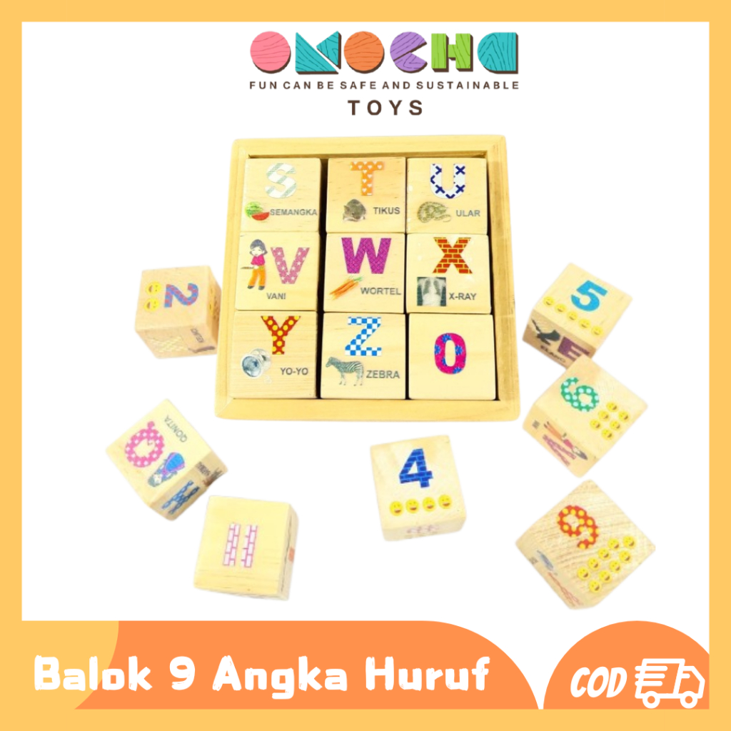 Omocha Toys - Balok 9 Angka Huruf Gambar Angka Huruf dan Gambar Interaktif