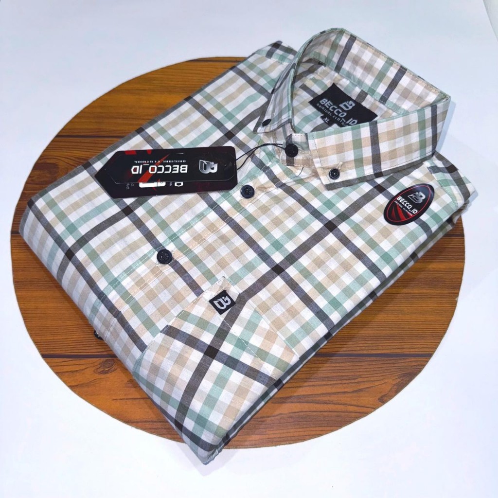 Atasan Baju Kemeja Pria Bahan Katun Murah Lengan Pendek Motif Garis Kotak Size Jumbo Ukuran XXL 3XL 