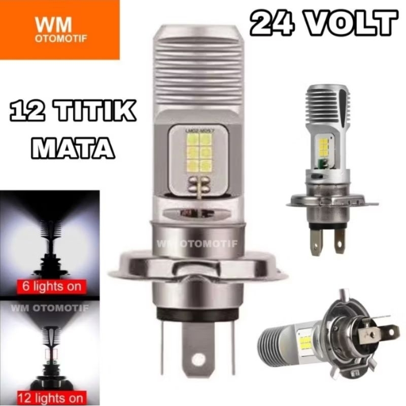 Lampu LED Utama 24 Volt H4 Depan G12A 12 Mata Titik High Low Putih D3 Truk Bus Fuso Canter Tronton R