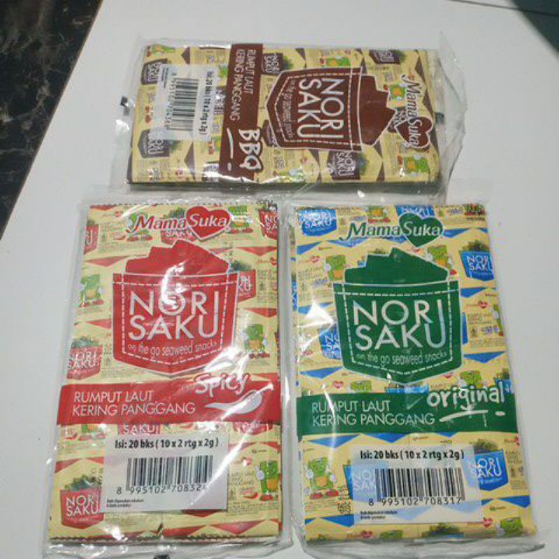 

Nori saku rumput laut original , spicy BBQ kemasan pak