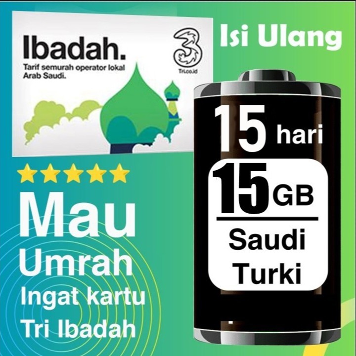 Kartu internet umroh dan haji tri ibadah kuota 15GB 15DAY (14GB UMROH + 1GB LOKAL)i | FREE ONGKIR