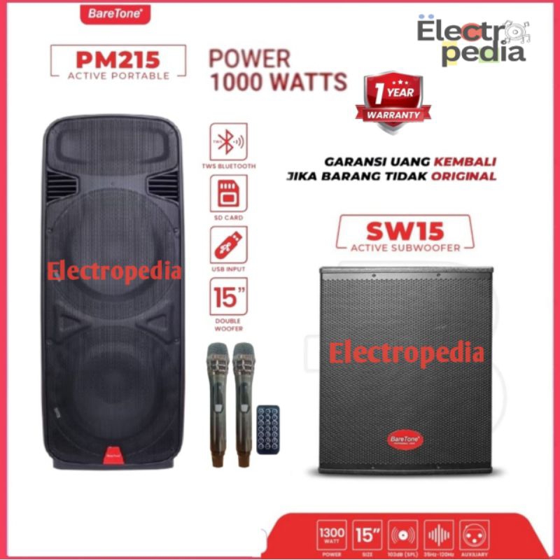Paket Sound System Speaker Portable Baretone PM215 Double woofer Subwoofer 15inch Baretone SW15 Orig