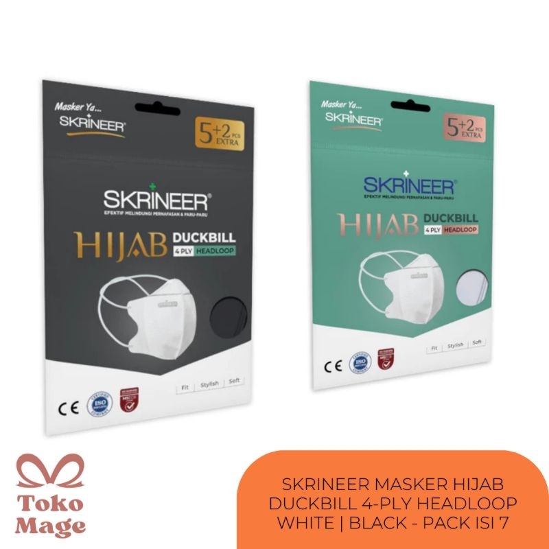 Masker Skrineer Hijab Duckbill 4-Ply Headloop White | black - Pack Isi 7 | Masker Hijab Putih | Hita