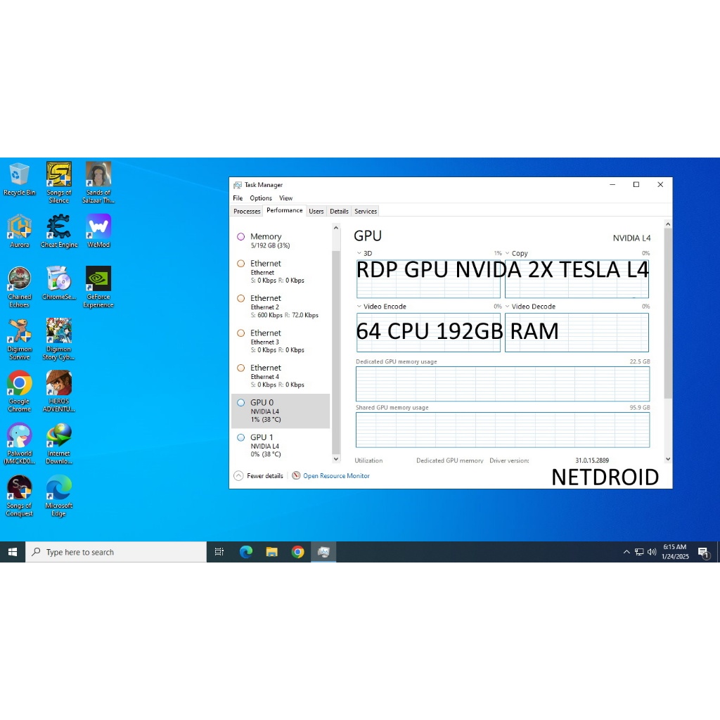 RDP GPU  64 CPU 3.8 GHz AMD EPYC GENOA 9354 & Nvidia 2X Tesla L4 24 GB,Emulator LD Player,GTA V,dll