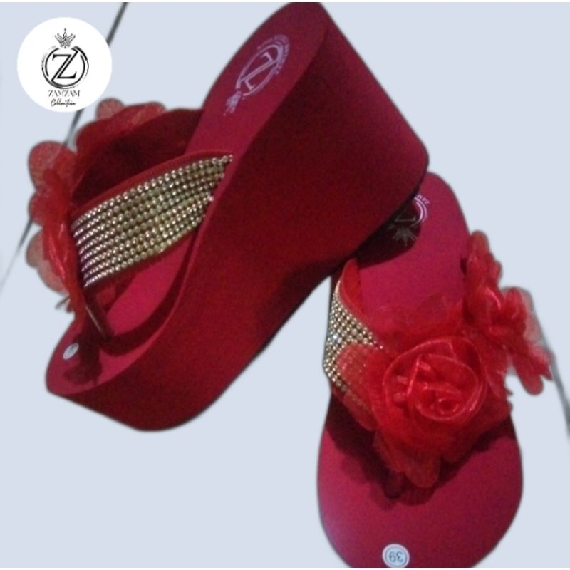 SANDAL WEDGES 10CM JEPIT BUNGA BESAR