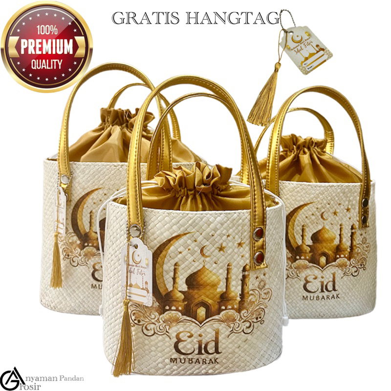 

Tas Hampers OVAL PUTIH KAIN MARBEL DECOUPAGE GG GOLD GRATIS HANGTAG parcel anyaman pandan souvenir gift goodiebag lebaran idul fitri