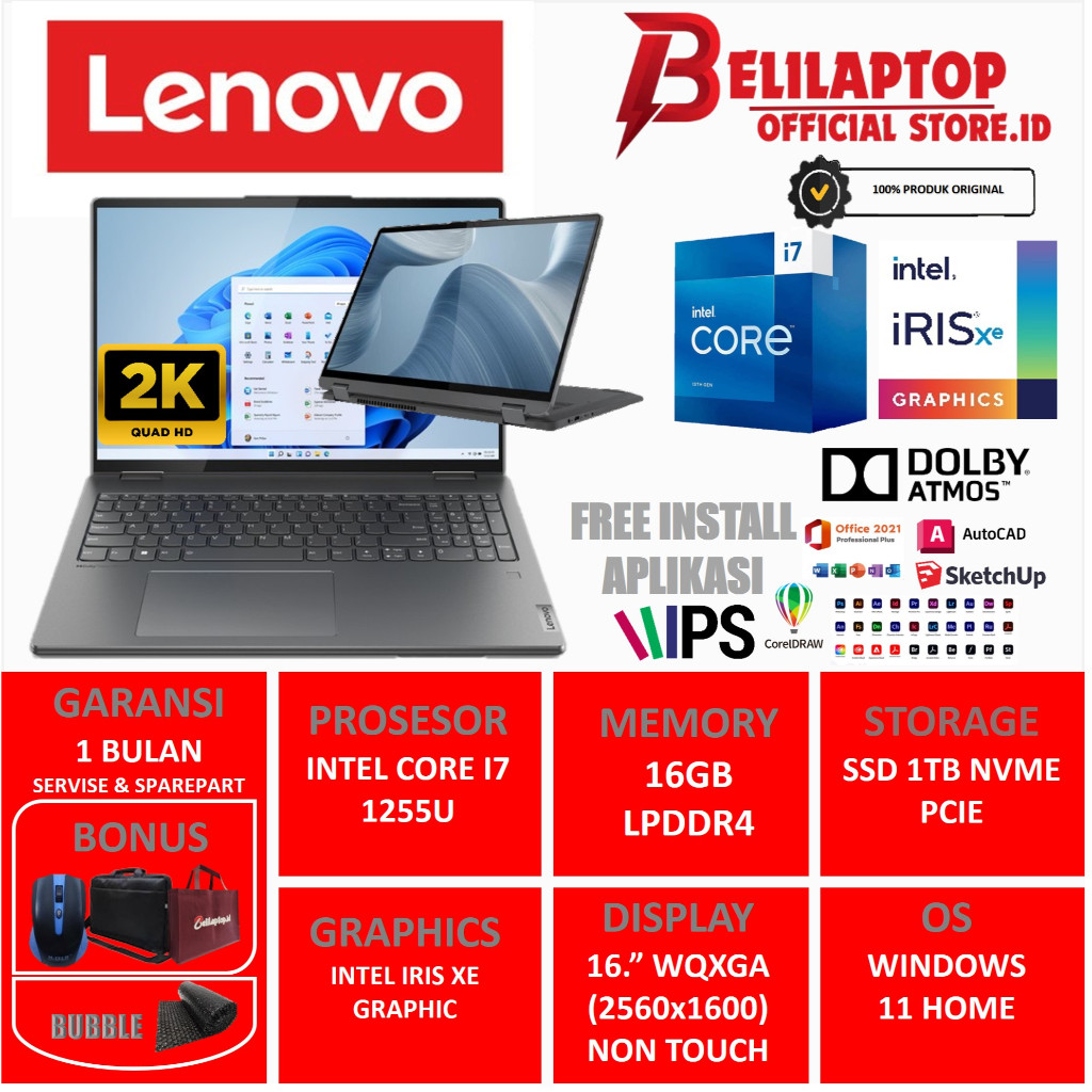 LENOVO IDEAPAD FLEX 5 TERMURAH INTEL CORE I7 1265U RAM 16GB SSD 1TB 16.0 WQXGA IPS