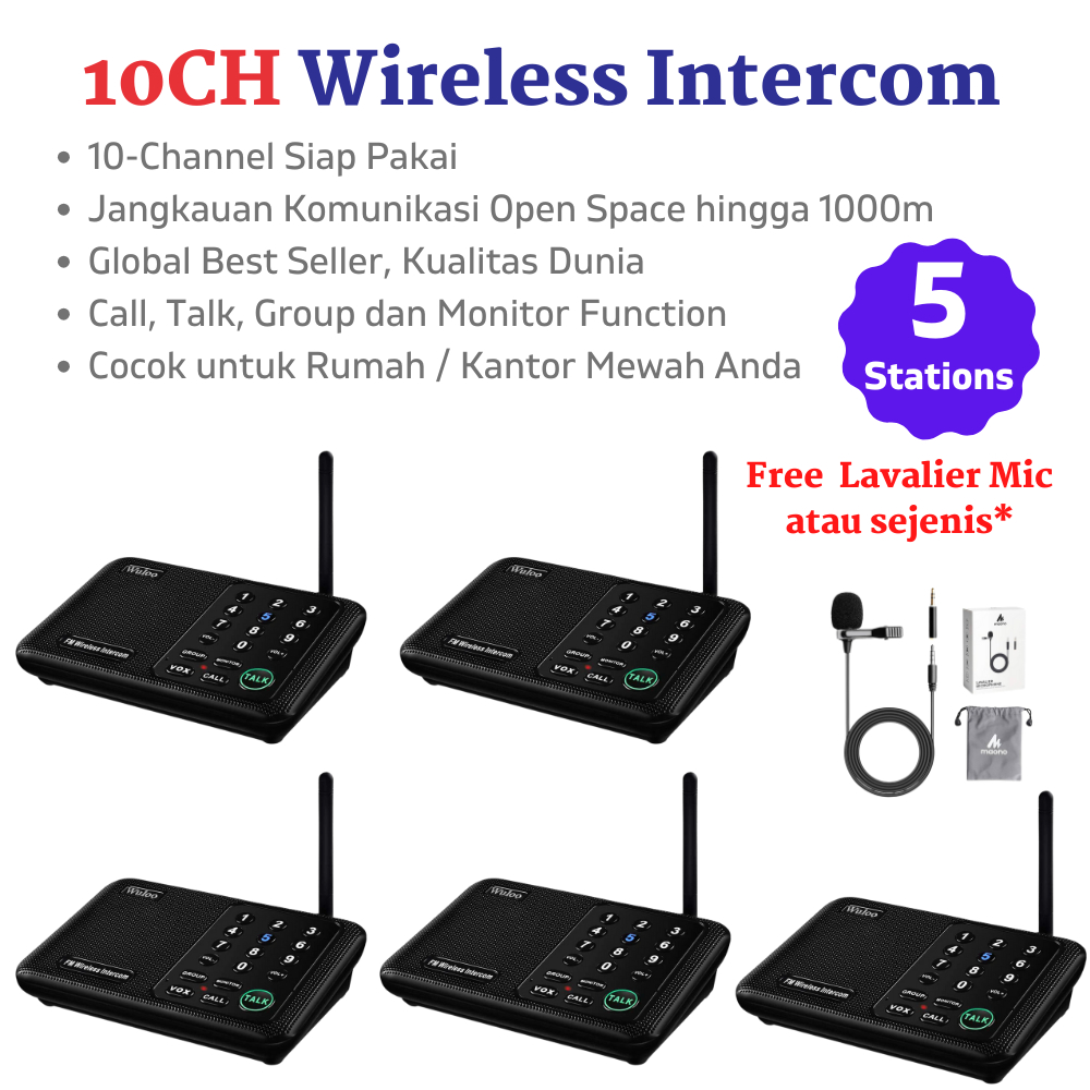 THE Modern 10CH Wireless Intercom 5 Station - Radio Interkom FM Wireless Interphone Wuloo Design