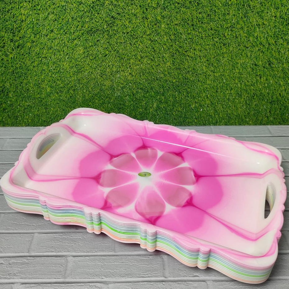 Nampan Plastik Motif Bunga Premium Baki Nampan Jumbo Gelas Biru Hijau