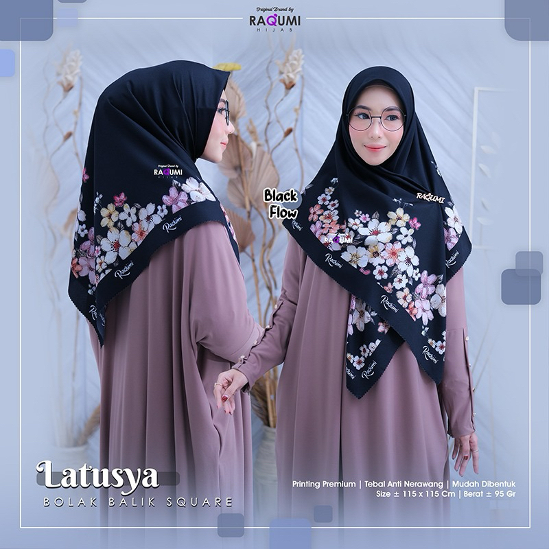 Latusya Bolak Balik Square Original Raqumi Hijab Square Printing Premium Raqumi Hijab Segiempat Size