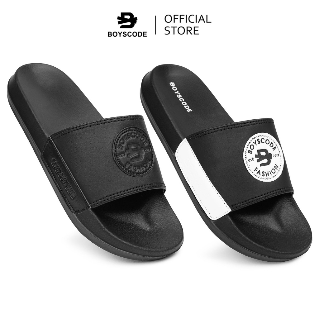 BOYSCODE Sendal Selop Karet Distro Pria Wanita Logo Oval Hitam Putih Fullblack / Slip On Pria / Slop