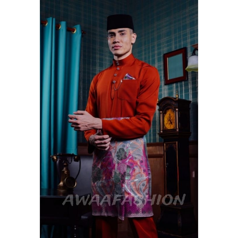 Baju Melayu Pria Teluk Belanga Cekak Musang  Bahan Warna Merah Cabe Setelan Pakaian Koko Adat Tradis