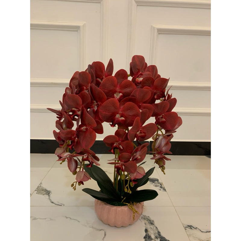 bunga anggrek latex jumbo 4 cabang vas keramik mewah